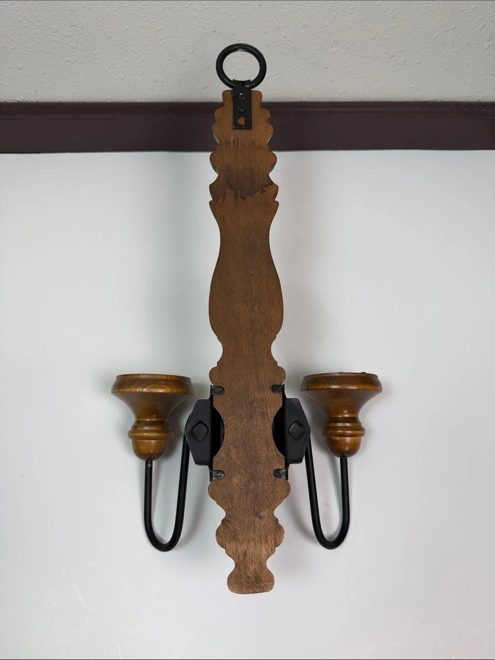 Vintage Wood & Metal 2 Arm Wall Candle Holder Sconce Farmhouse Cottagecore